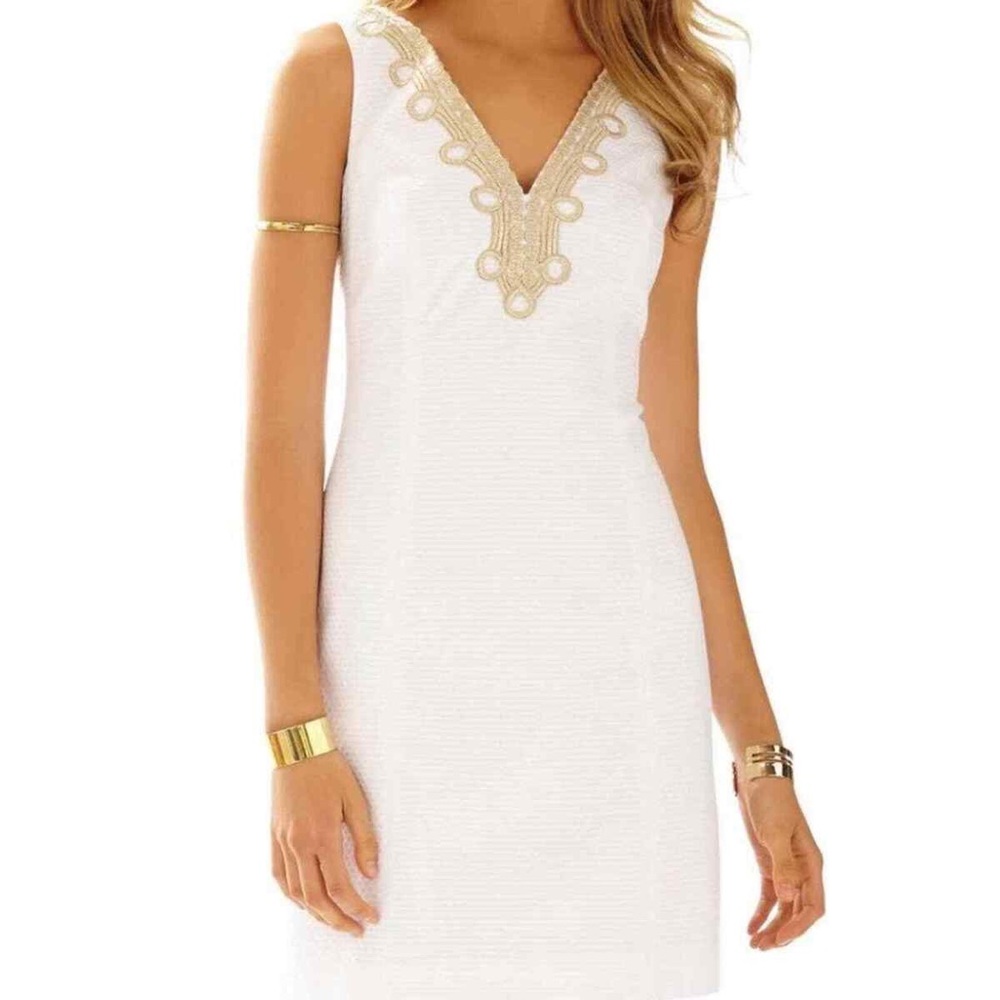 Lilly Pulitzer white and gold "Bentley" textured sheath dress style 95492 2014